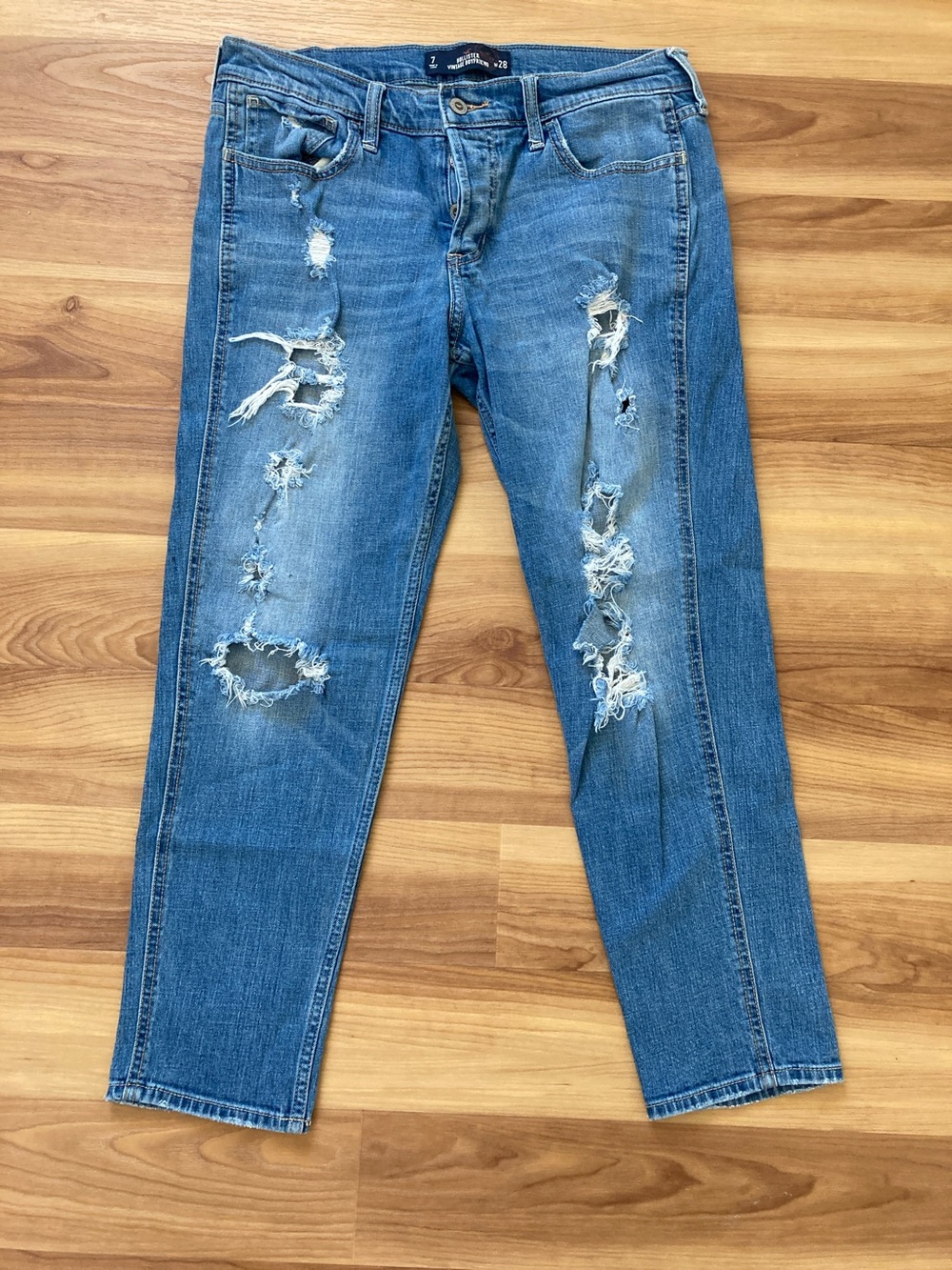 Hollister Blue Distressed Straight Leg Jeans Button Down